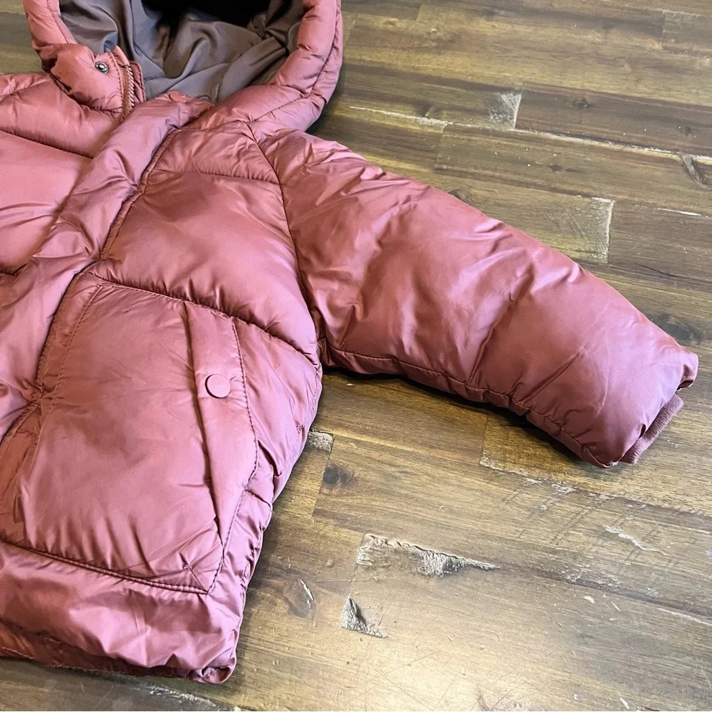Zara Quilted Puffer Jacket Brown Hood Hooded Zip Up Button Boxy Neutral - Picture 2 of 8
